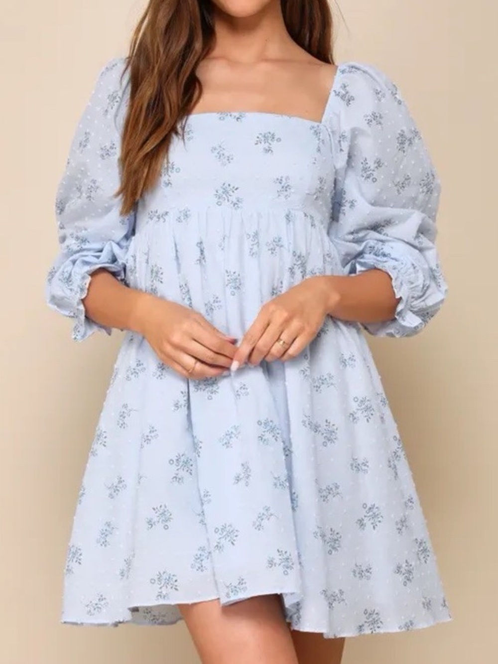 Lulus Always Charming Light Blue Floral Swiss Dot Babydoll Mini Dress Size M - Picture 1 of 11